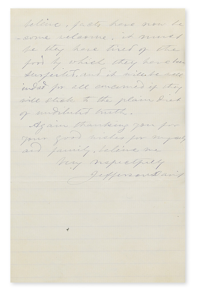 (DAVIS, JEFFERSON.) VARINA HOWELL DAVIS. Autograph Letter Signed, Jefferson Davis on behalf of her husband,